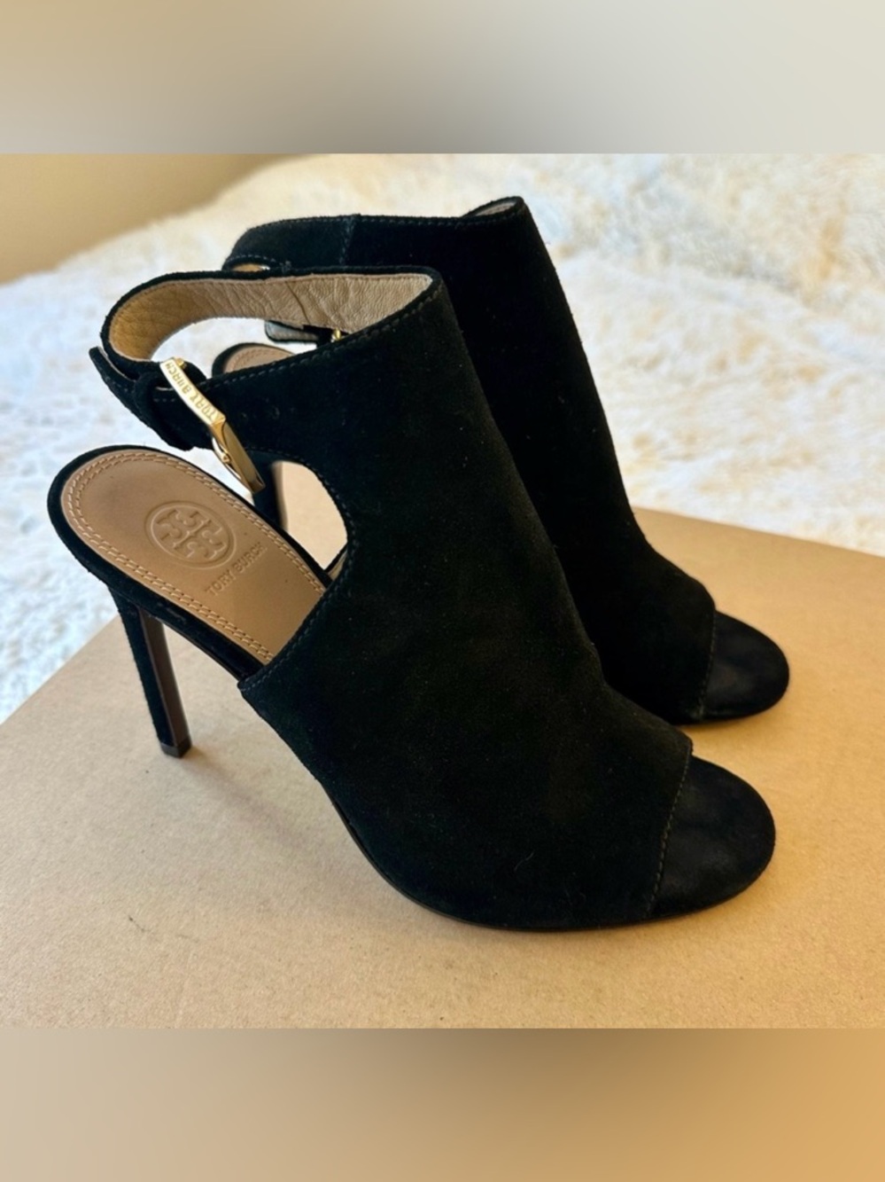 Tory Burch Britannia Black Suede Peep Toe Slingback Heels Women’s Size 8